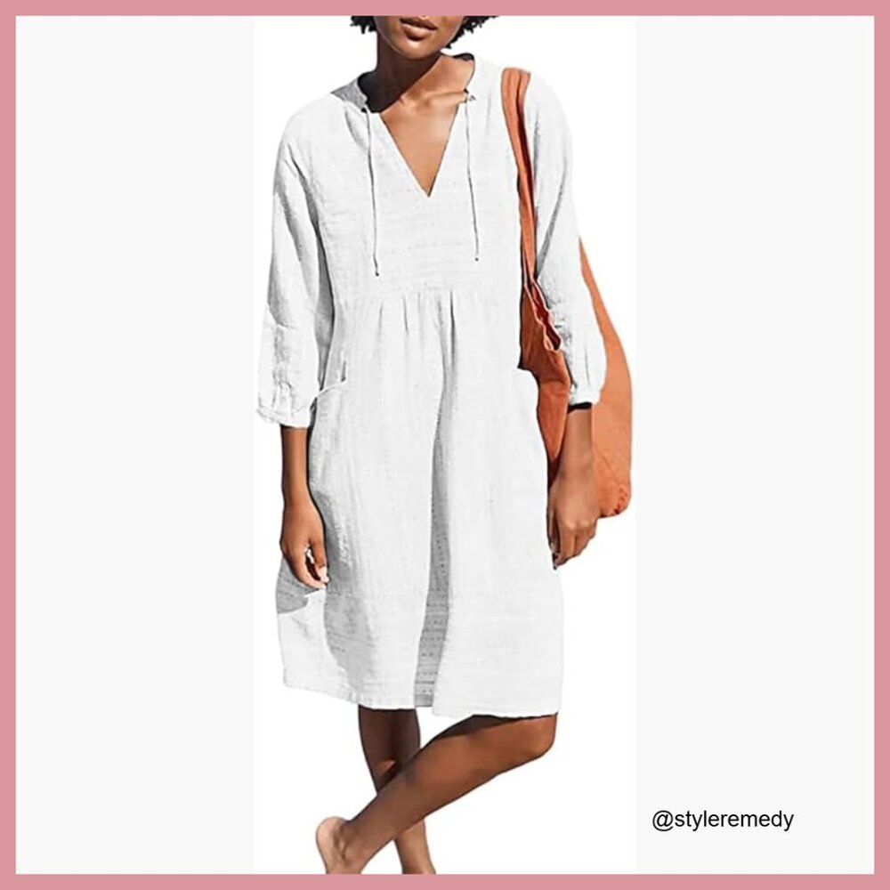 Cotton V-Neck Shift Tunic Dress with Pocket, 3/4 Sleeve